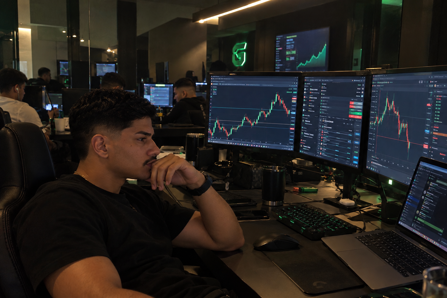 Gui Erony acompanhando o mercado em uma sala de operações